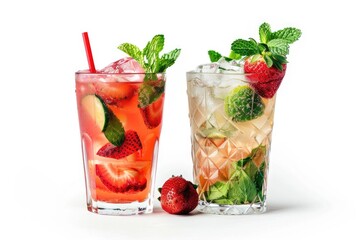 Cocktail collection  Strawberry and classic mojito isolated on white background  mojito  mojito