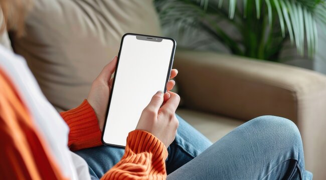 A woman is sitting on a couch holding a cell phone. The phone is white and the woman is looking at it. Mockup whitescreen