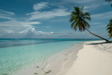 Idyllic beach scene with crystal-clear turquoise water, white sand, and a palm tree gently swaying in the breeze.


