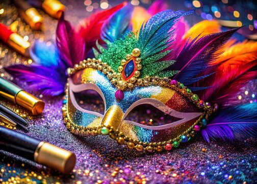 Colorful feathers, glitters, and sequins adorn a festive disguise mask, lying on a velvet cloth, surrounded by glittering makeup and cosmetic accessories.