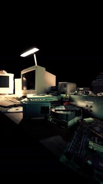 A room packed with various types of electronic devices, including old computer equipment, captured with distortion and interference.