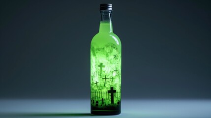 9. Beautiful Halloween bottle with a moonlit graveyard scene, glowing green mist inside, unique and perfect for display