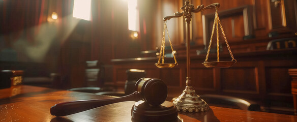 Gavel and scales of justice in an empty courtroom with sunlight