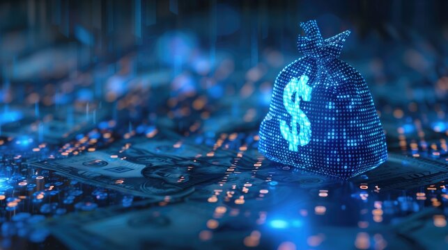 Digital money bag surrounded by dollar bills and glowing lights representing financial technology. Digital currency, fintech innovation, electronic banking, cryptocurrency trading, financial security.