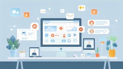 A natural office setup with social media icons and target audience data