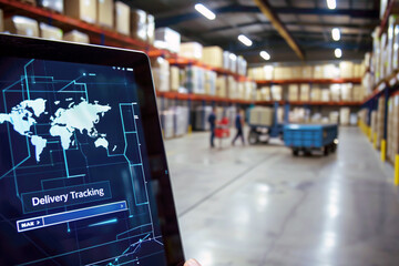 Tablet displaying delivery tracking system interface in a large warehouse with shelves and workers. Logistics management, inventory control, supply chain optimization, warehouse technology.