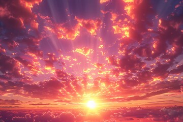 Fototapeta premium Purple sky at dawn with soft clouds the first light of day breaking through captured in lively anime style with rich colors and peaceful atmosphere