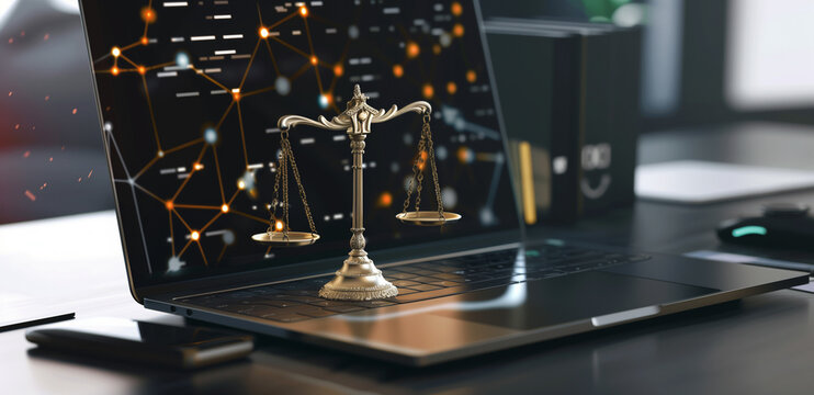 Scales of justice placed on an open laptop with digital network connections in the background. Legal technology, cybersecurity, digital law, online justice, attorney services, compliance.
