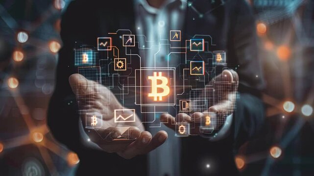 Blockchain cryptocurrency. Global financial market. Blockchain Industrial Strategy. Abstract technology Blockchain. Bitcoin. Binary coded icons. Future of Business. Digital Economy. Creative Economy 