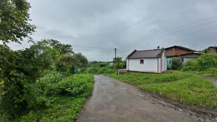 A scenic rural road in Maharashtra, surrounded by lush greenery and vegetation, under a cloudy sky during the monsoon season.