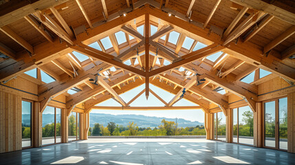 Sunlit interior of a modern wooden cabin with large panoramic windows overlooking a scenic landscape. Architectural design, nature retreat, eco-friendly construction, sustainable living.