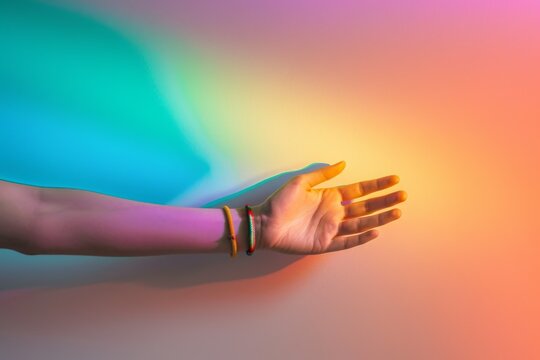 Multiple hands reach up silhouetted against a backdrop of rainbow-colored lights, creating a feeling of diversity and unity. Beautiful simple AI generated image in 4K, unique. - Powered by Adobe