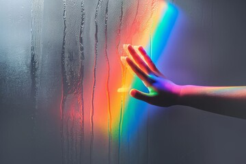 Non-binary person on a rainbow background for pride day, advocating for visibility and acceptance of non-binary individuals worldwide. Beautiful simple AI generated image in 4K, unique.