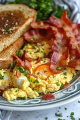 Fototapeta premium American scrambled eggs with crispy bacon and toast, served on a plate