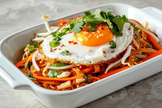 Thai pad kra pao with a fried egg on top, served on a white dish