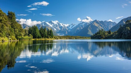 Breathtaking View of a Serene Mountain Lake Surrounded by Lush Pine Forest and Snow-Capped Peaks