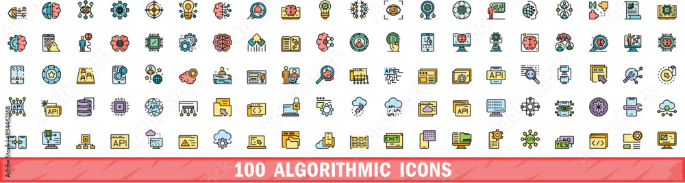 Poster 100 algorithmic icons set. color line set of algorithmic vector icons thin line color flat on white