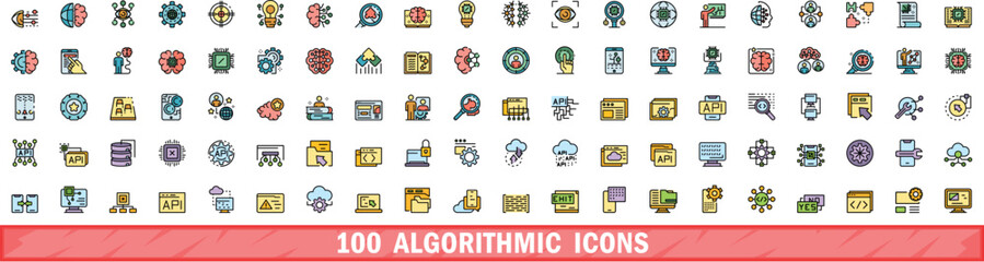 100 algorithmic icons set. Color line set of algorithmic vector icons thin line color flat on white