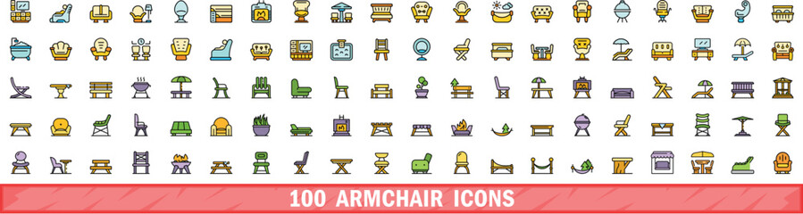 100 armchair icons set. Color line set of armchair vector icons thin line color flat on white