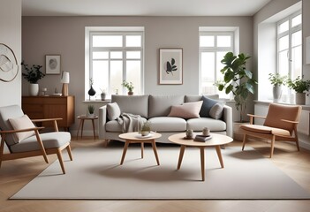 A comfortable, plush sofa in a neutral tone, mid-century furniture pieces such as a wooden coffee table with sleek lines and tapered legs, and a cozy, textured carpet in a light, warm color.
