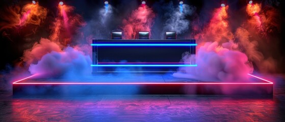 Vibrant DJ stage with colorful neon lights and fog, ready for a dynamic music performance in a club setting.