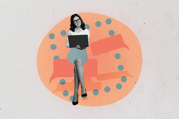 Composite trend artwork sketch image photo collage of textbox cloud chatting bulb young lady sit hold hand open laptop office manager