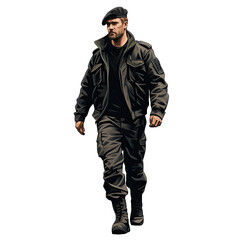 an illustration of a male soldier in a black beret walking, strong facial expression