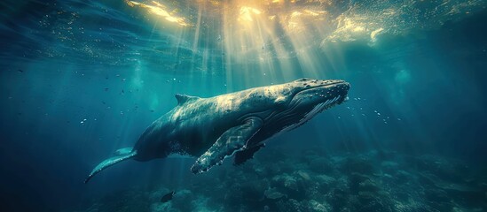 Fototapeta premium Humpback Whale Gracefully Navigates the Sunlit Depths