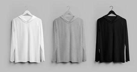 White, black, heather longsleeve sun protection template on hanger, sweatshirt for design, branding, front view. Set