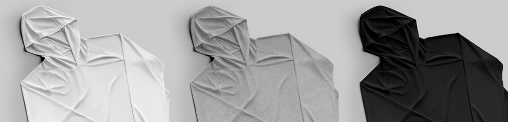 White, black, heather longsleeve sun protection template, diagonal close-up presentation, front, isolated on background. Set