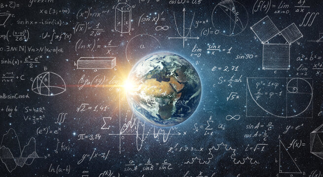 Mathematical and physical formulas against background of a Earth in universe. Space Background on theme of science and education. Elements of this image furnished by NASA.