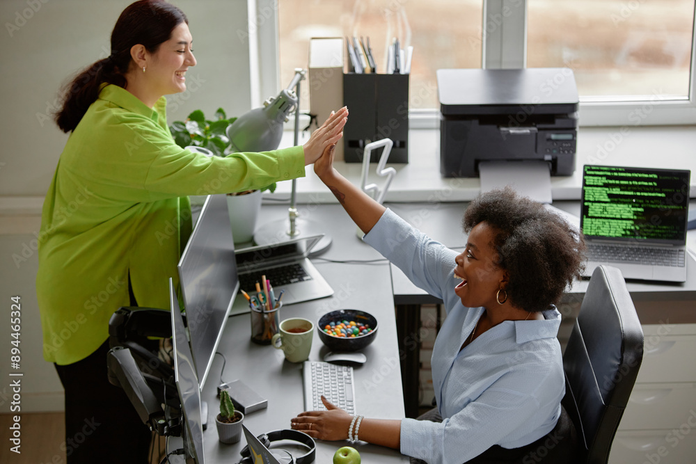 Poster side view of diverse group of two young female software developers cheerfully smiling giving high fi