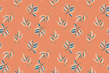 Abstract artistic tiny branches leaves pattern. Vector hand drawing. Creative unique small plants seamless print on a vintage orange   background. Template for textiles, paper, cover, fabric
