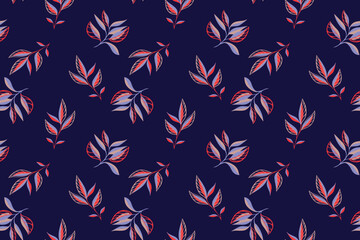 Abstract artistic tiny branches leaves pattern on a dark blue background. Vector hand drawing. Creative unique plants seamless print.Template for textiles, paper, cover, fabric