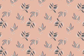 Abstract artistic tiny branches leaves pattern on a beige  background. Vector hand drawing. Creative unique small leaf stems seamless print. Template for textiles, paper, cover, fabric