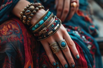 Fashion Bracelets. Woman's Hand Closeup with Beautiful Jewelry Rings and Stylish Bracelets