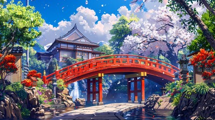Obraz premium Traditional wooden bridge arching over a small canal in an old Japanese town captured in lively anime style with dynamic elements and vivid scenery