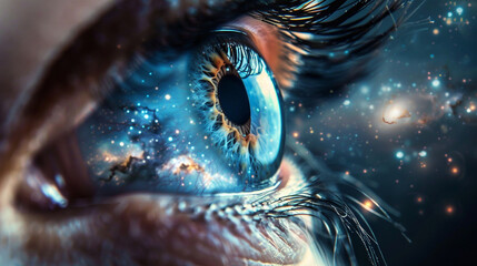 Close-up of an eye with a galaxy reflected in the pupil