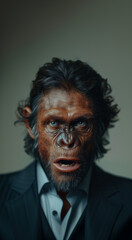 Obraz premium Surreal portrait of ape-human hybrid in business attire