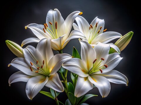 Elegant close-up of pure white lily flowers with delicate petals and golden anthers against a dramatic black background, showcasing intricate details and textures. - Powered by Adobe