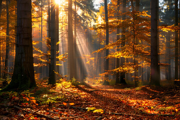 Fototapeta premium Serene forest scene with sunlight filtering through autumn leaves.