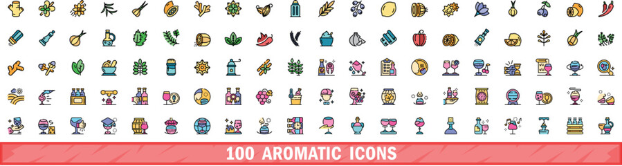 Fototapeta premium 100 aromatic icons set. Color line set of aromatic vector icons thin line color flat on white