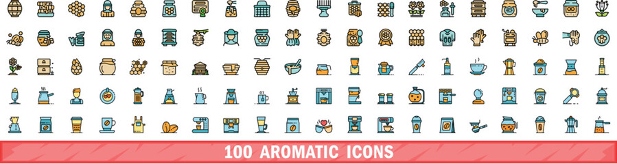 100 aromatic icons set. Color line set of aromatic vector icons thin line color flat on white