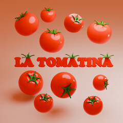 La Tomatina Festival, Background for Poster or Banner with Tomatoes. Annual Summer Traditional Spanish Holidays, Celebration of Harvest. Cartoon 3d render Illustration.