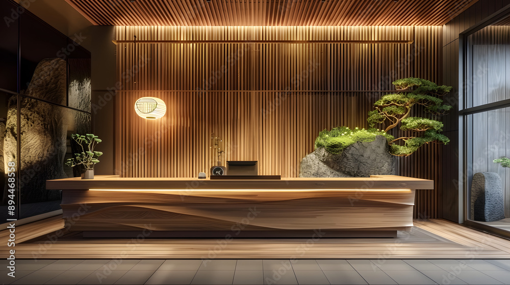 Wall mural Japanese hotel design, reception desk, wood