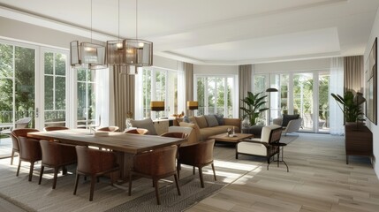 Fototapeta premium A bright, roomy living room with a dining table, leather chairs, chic lamps, and a cozy lounge in the background.