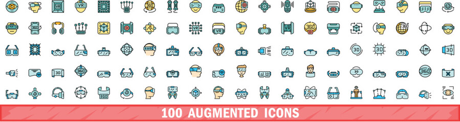 100 augmented icons set. Color line set of augmented vector icons thin line color flat on white