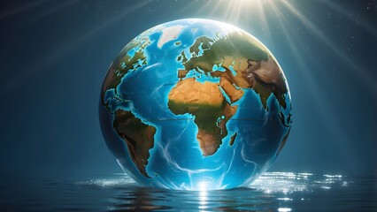 Obraz premium World population day, a dynamic glowing world globe placed on water, sunny day, save earth, global warming