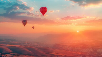 Fototapeta premium Colorful hot air balloons flying over the mountains