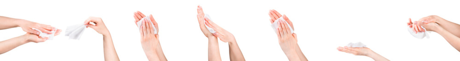 Fototapeta premium Woman hand use antibacterial wet wipes or tissue isolated on a white background